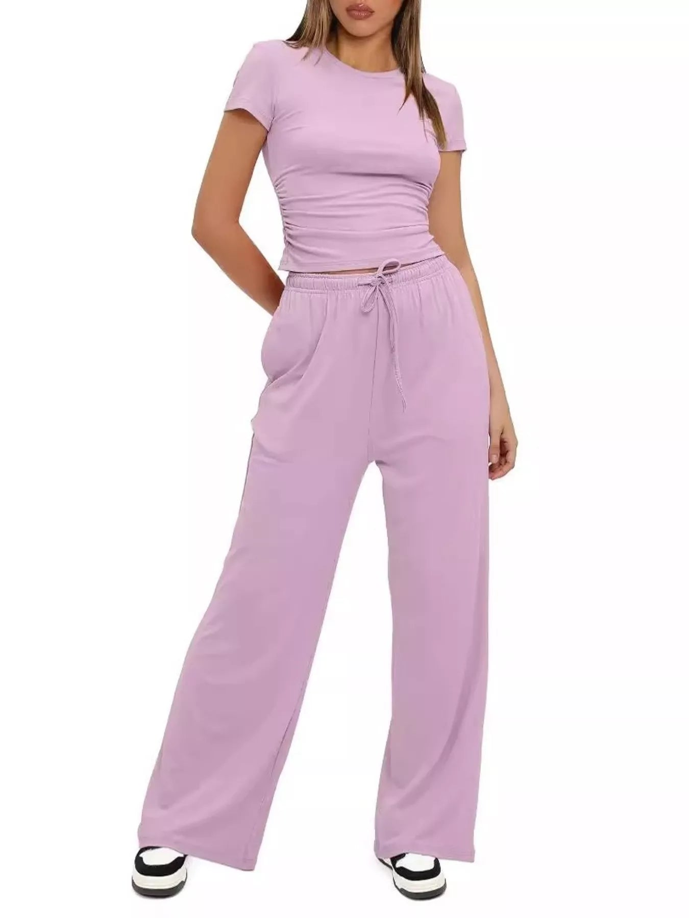 Round Neck Short Sleeve T-Shirt and Pants Set - Thalia Chic