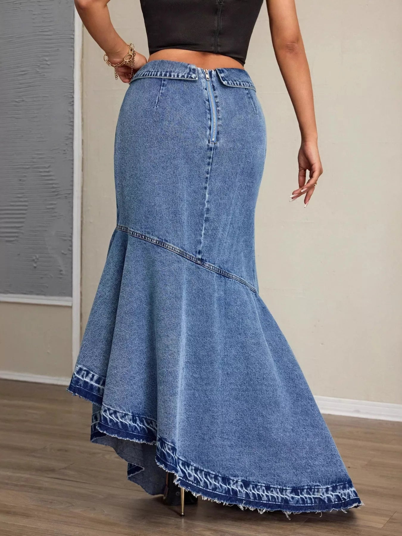 High-Waist Asymmetrical Slit Denim Maxi Mermaid Skirt - Thalia Chic
