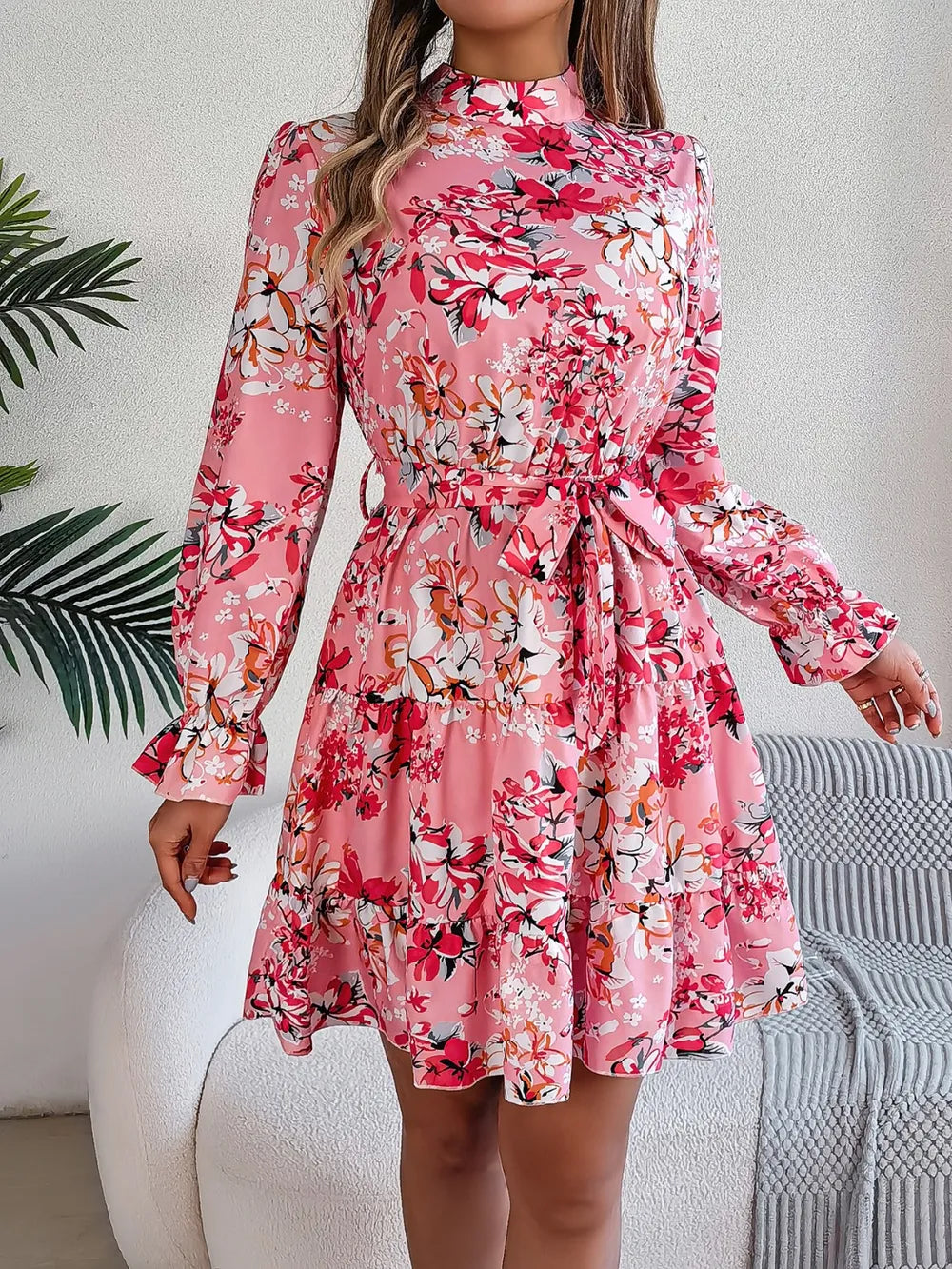 Printed Mock Neck Flounce Sleeve Mini Dress - Thalia Chic