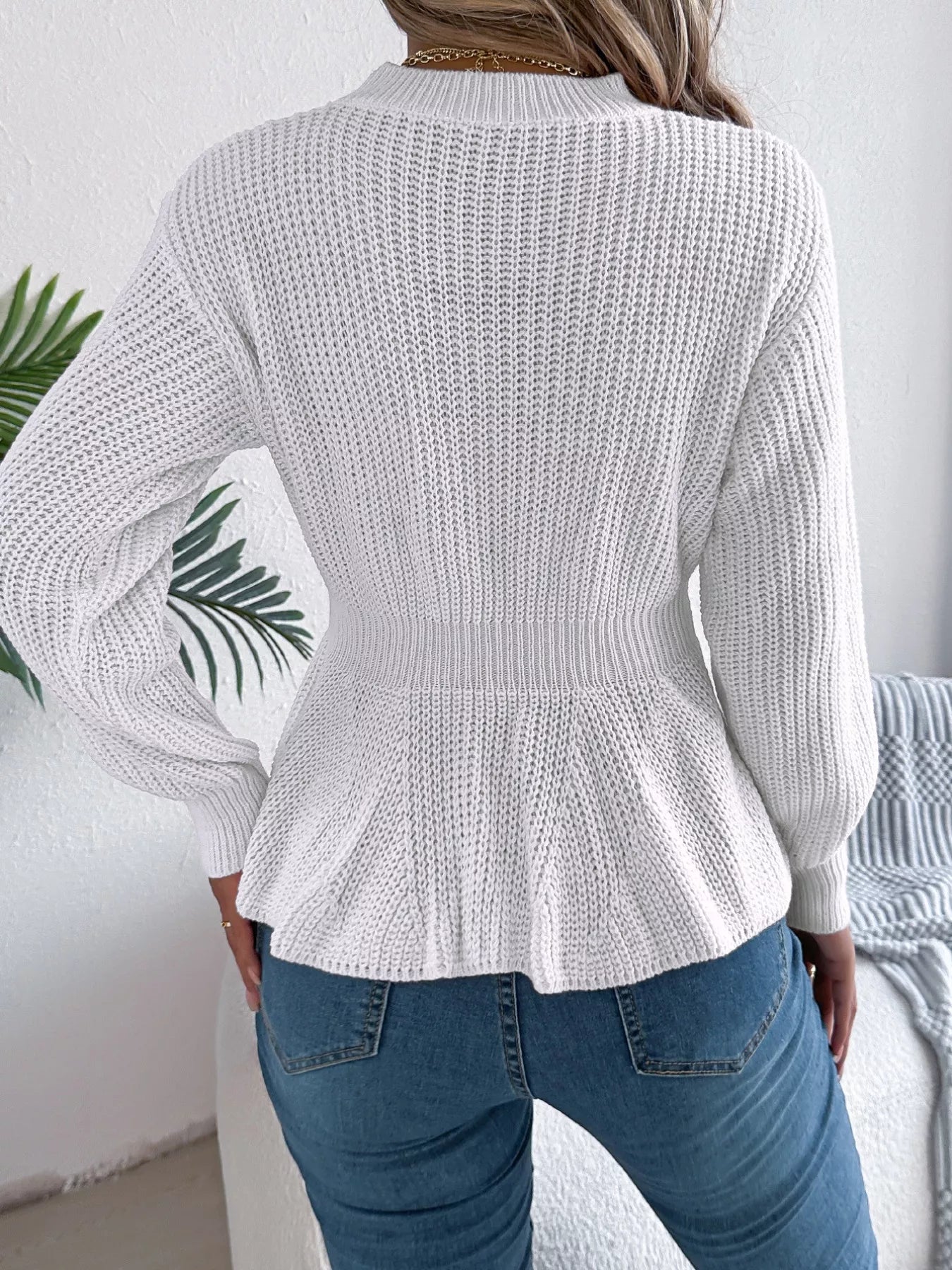 Cable Knit Round Neck Peplum Sweater - Thalia Chic