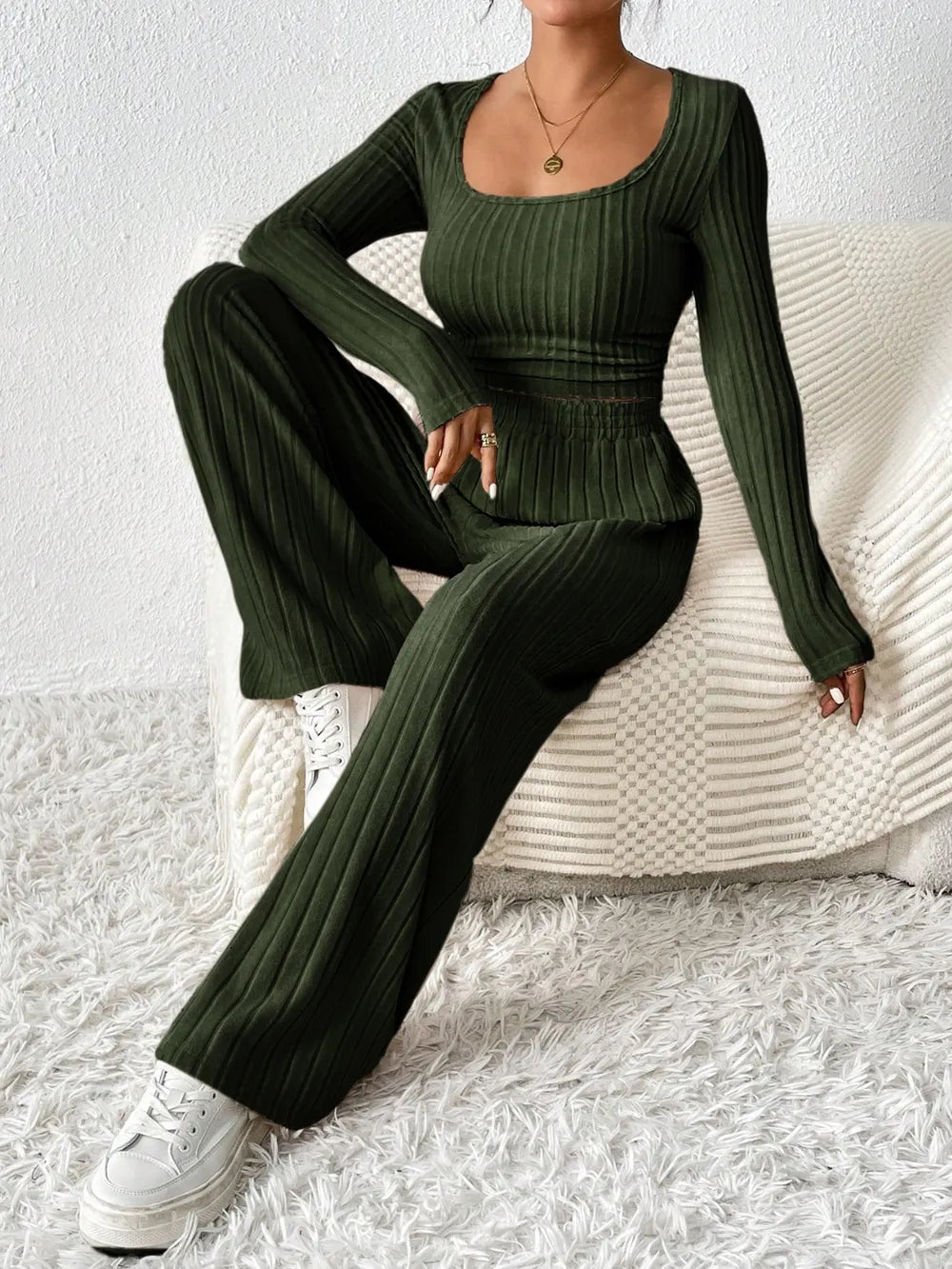 Honey Scoop Neck Long Sleeve Top and Pants Set - Thalia Chic