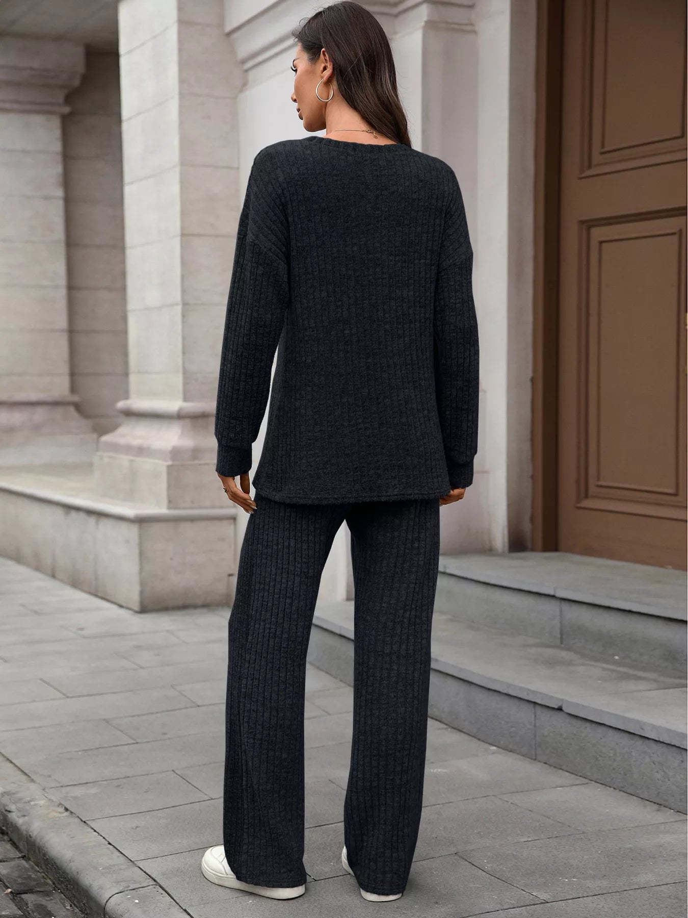 Ribbed Round Neck Top and Pants Set - Thalia Chic