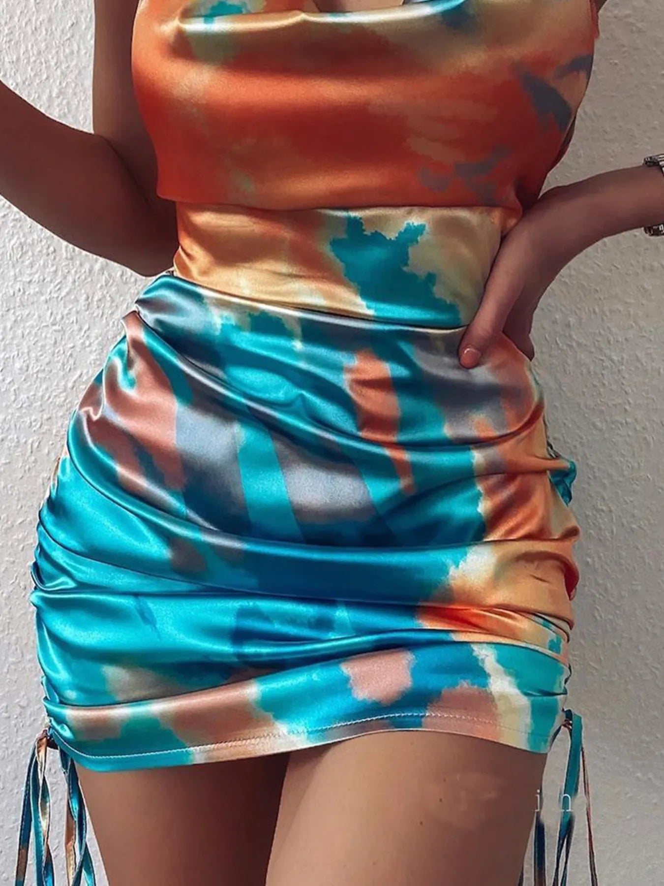 Tie-Dye Halter Ruched Mini Dress with Side Drawstring - Thalia Chic