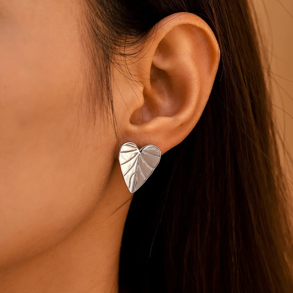 Stainless Steel Heart Leaf Stud Earring - Thalia Chic