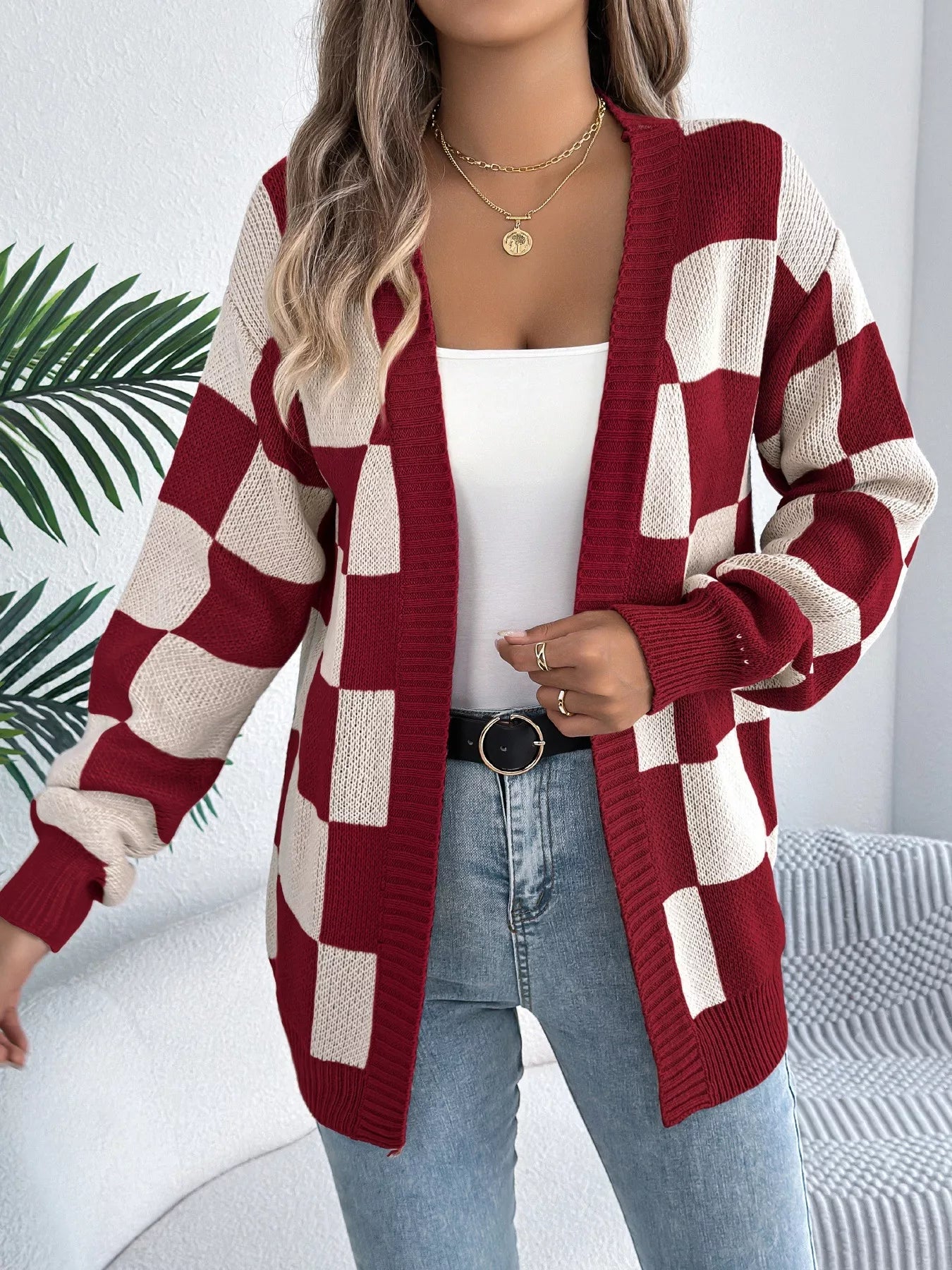 Checkered Pattern Open Front Cardigan - Thalia Chic