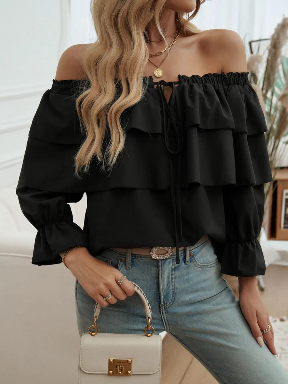 Devine Off-Shoulder Flounce Sleeve Blouse - Thalia Chic