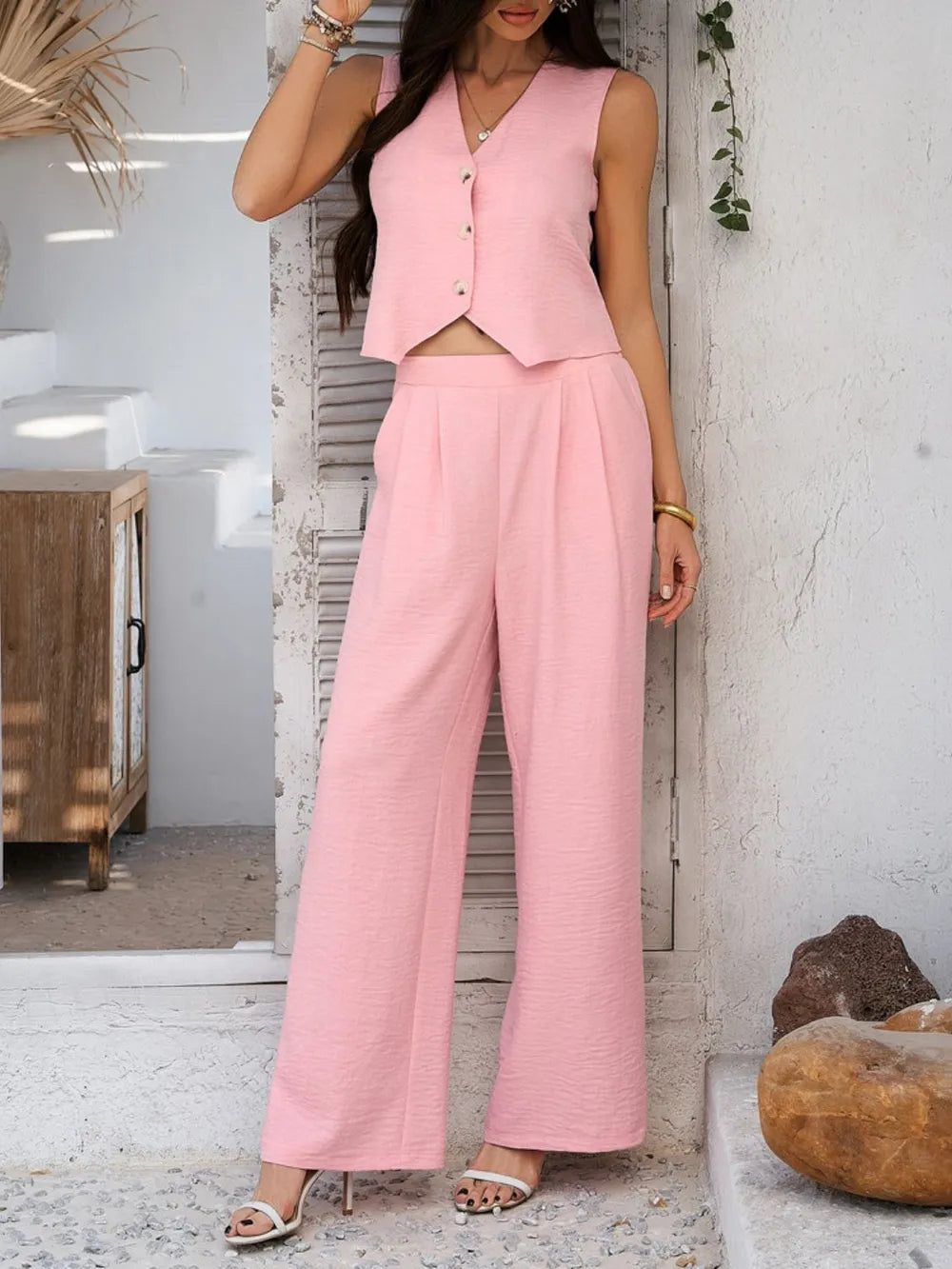 Devine Button Down Vest and Wide Leg Pants Set - Thalia Chic