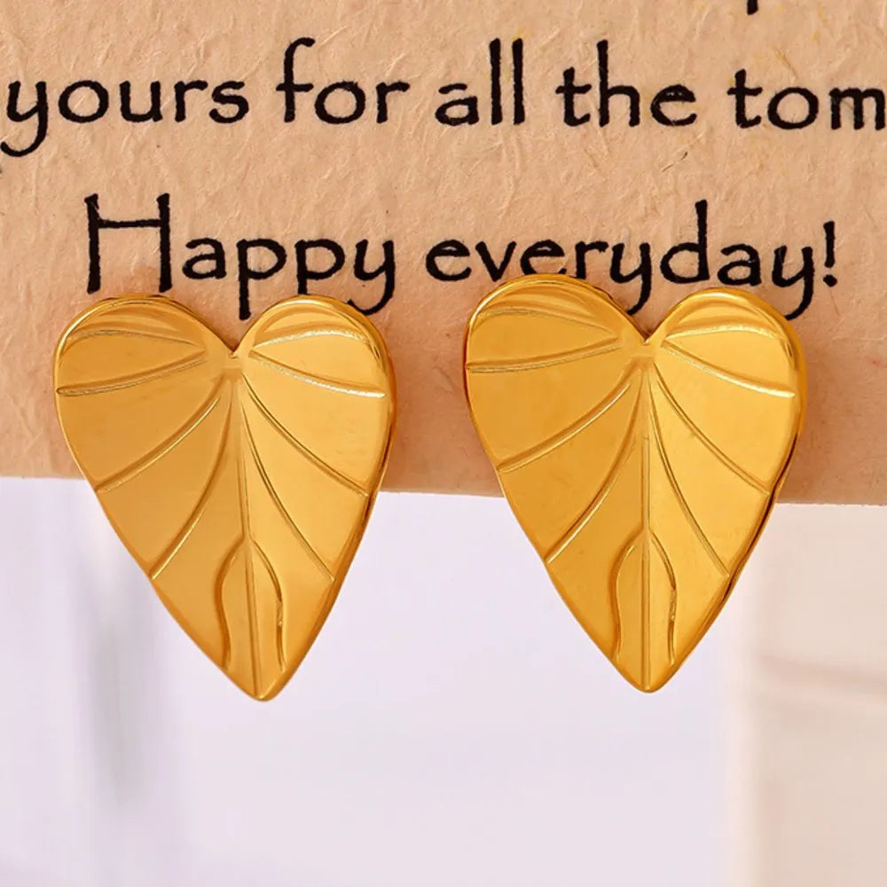 Stainless Steel Heart Leaf Stud Earring - Thalia Chic