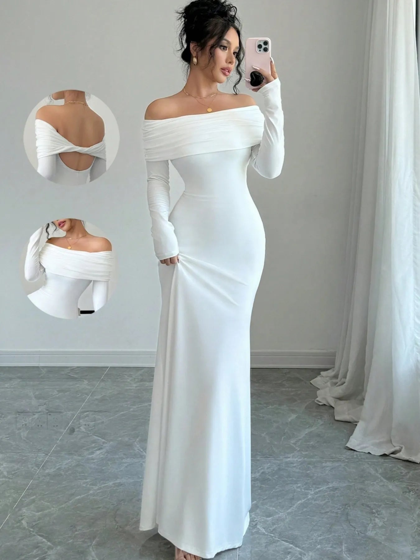 Off-Shoulder Long Sleeve Bodycon Maxi Dress - Thalia Chic