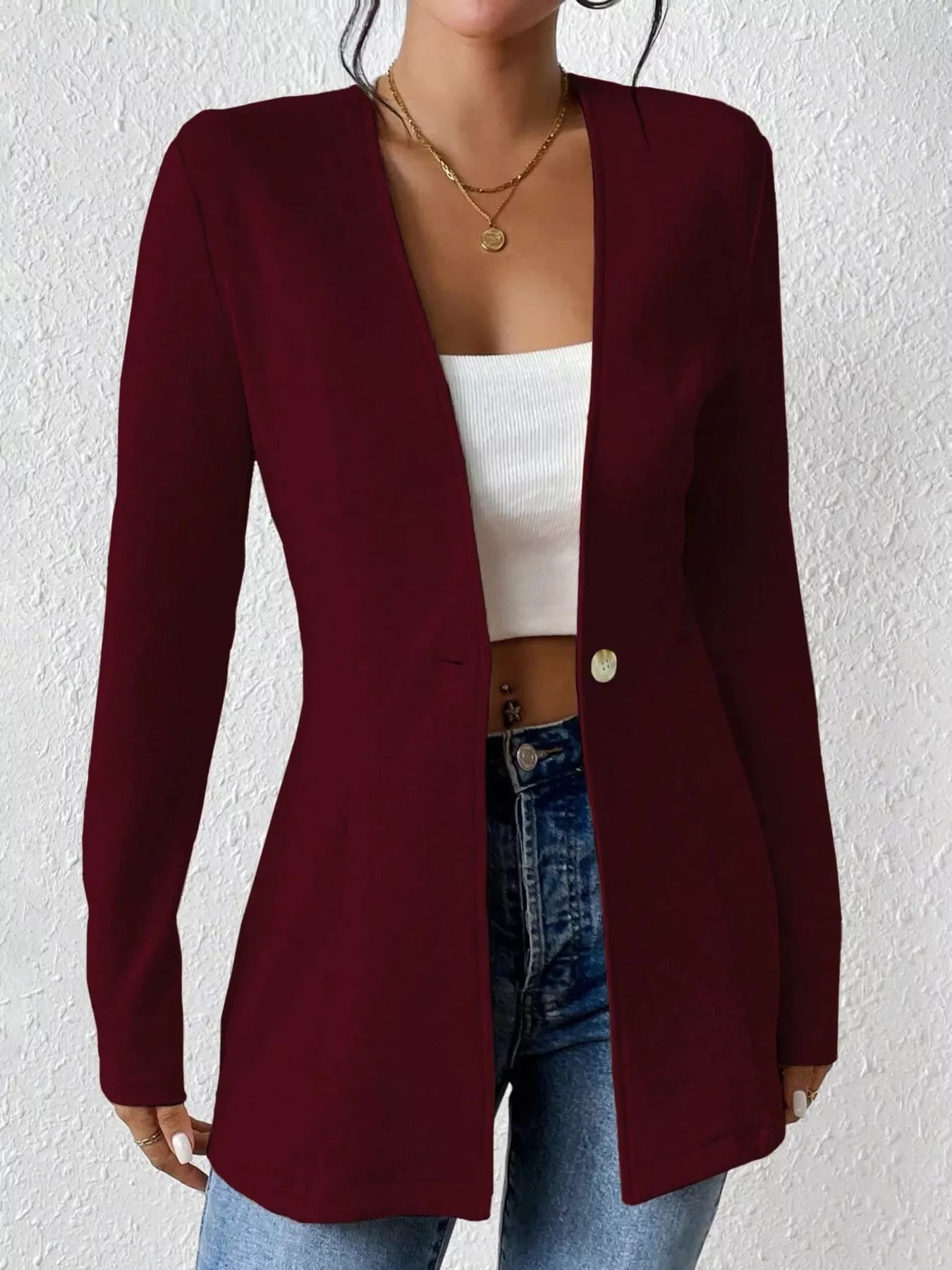 One Button Long Sleeve Blazer - Thalia Chic