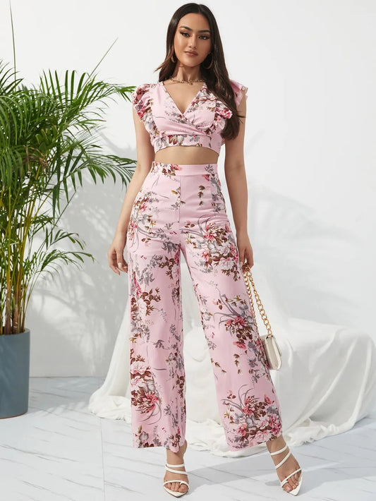 Honey Printed Surplice Cap Sleeve Top and Pants Set - Thalia Chic