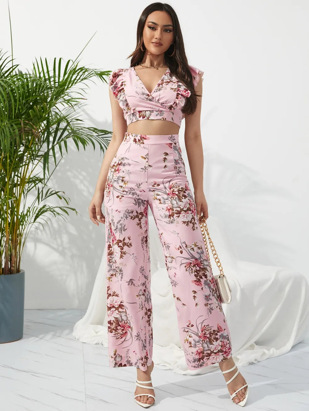Honey Printed Surplice Cap Sleeve Top and Pants Set - Thalia Chic