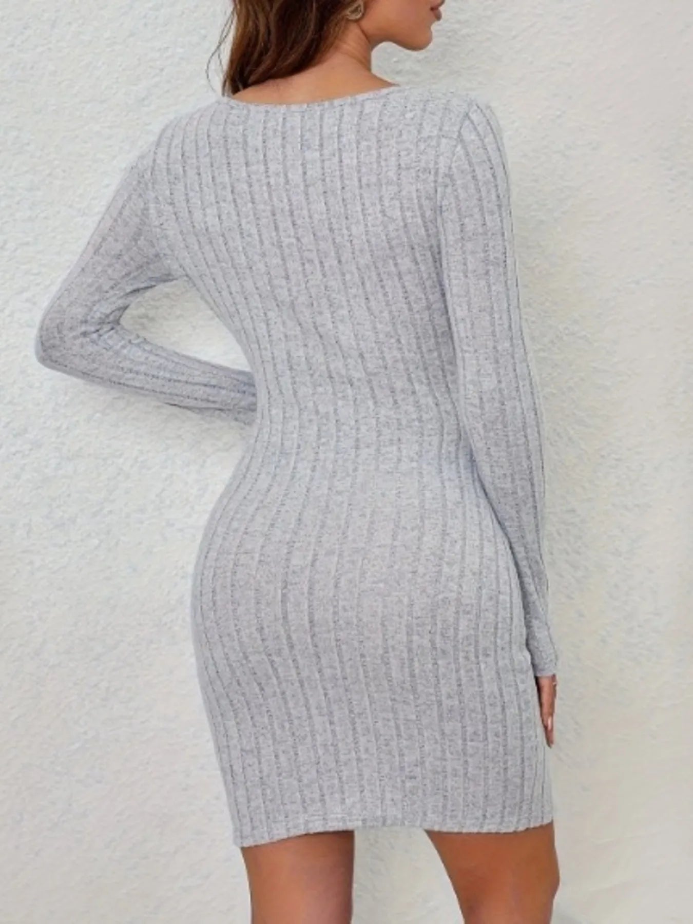 Ribbed Knit Cutout Long Sleeve Bodycon Dress - Thalia Chic