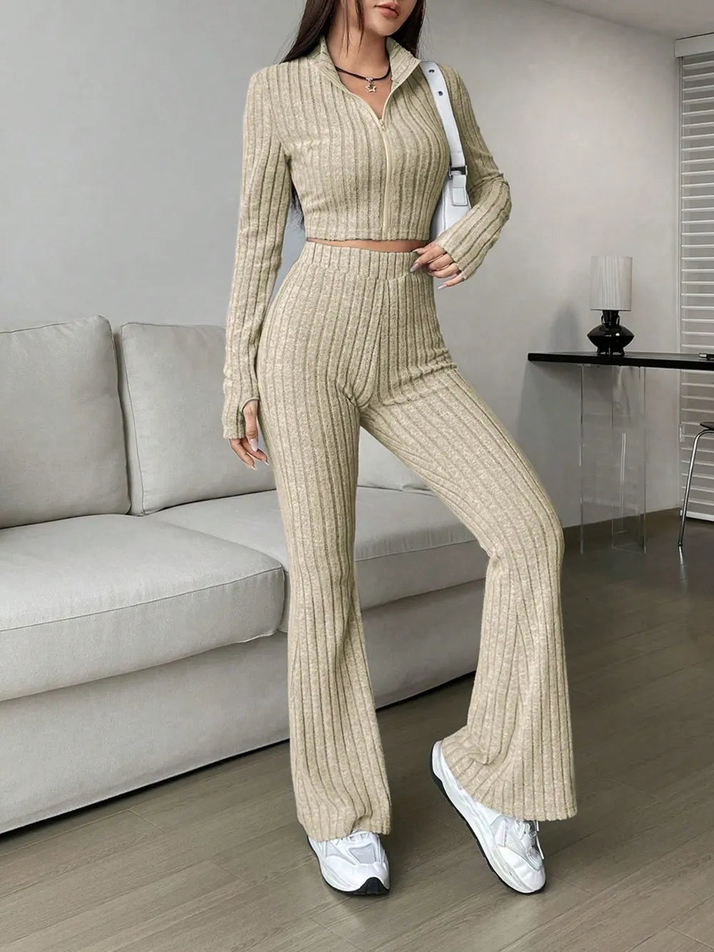 Honey Zip Up Long Sleeve Top and Pants Set - Thalia Chic