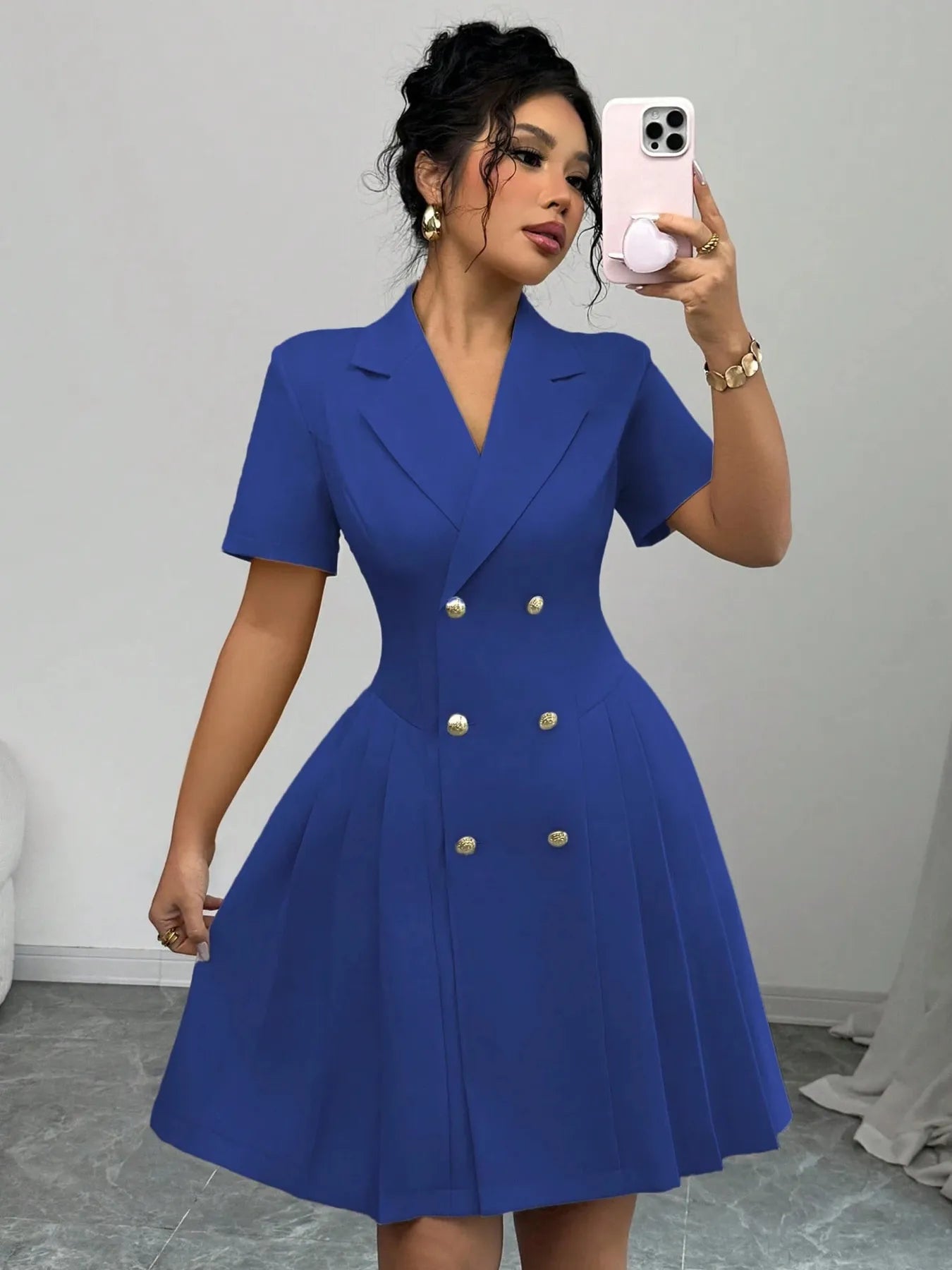 Double-Breasted Short Sleeve Dress - Thalia Chic