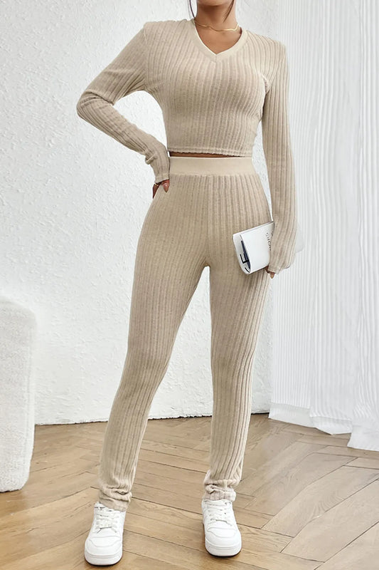 Ribbed V-Neck Long Sleeve Cropped Top and Pants Set - Thalia Chic