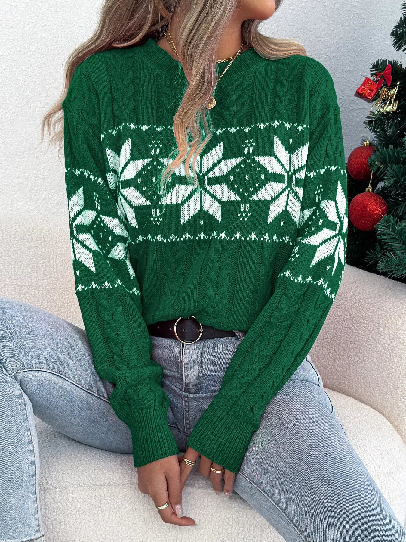 Christmas Snowflake Cable Knit Sweater - Thalia Chic