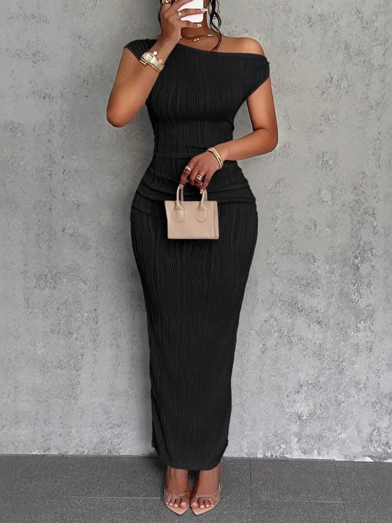 Textured Single Shoulder Bodycon Maxi Dress - Thalia Chic
