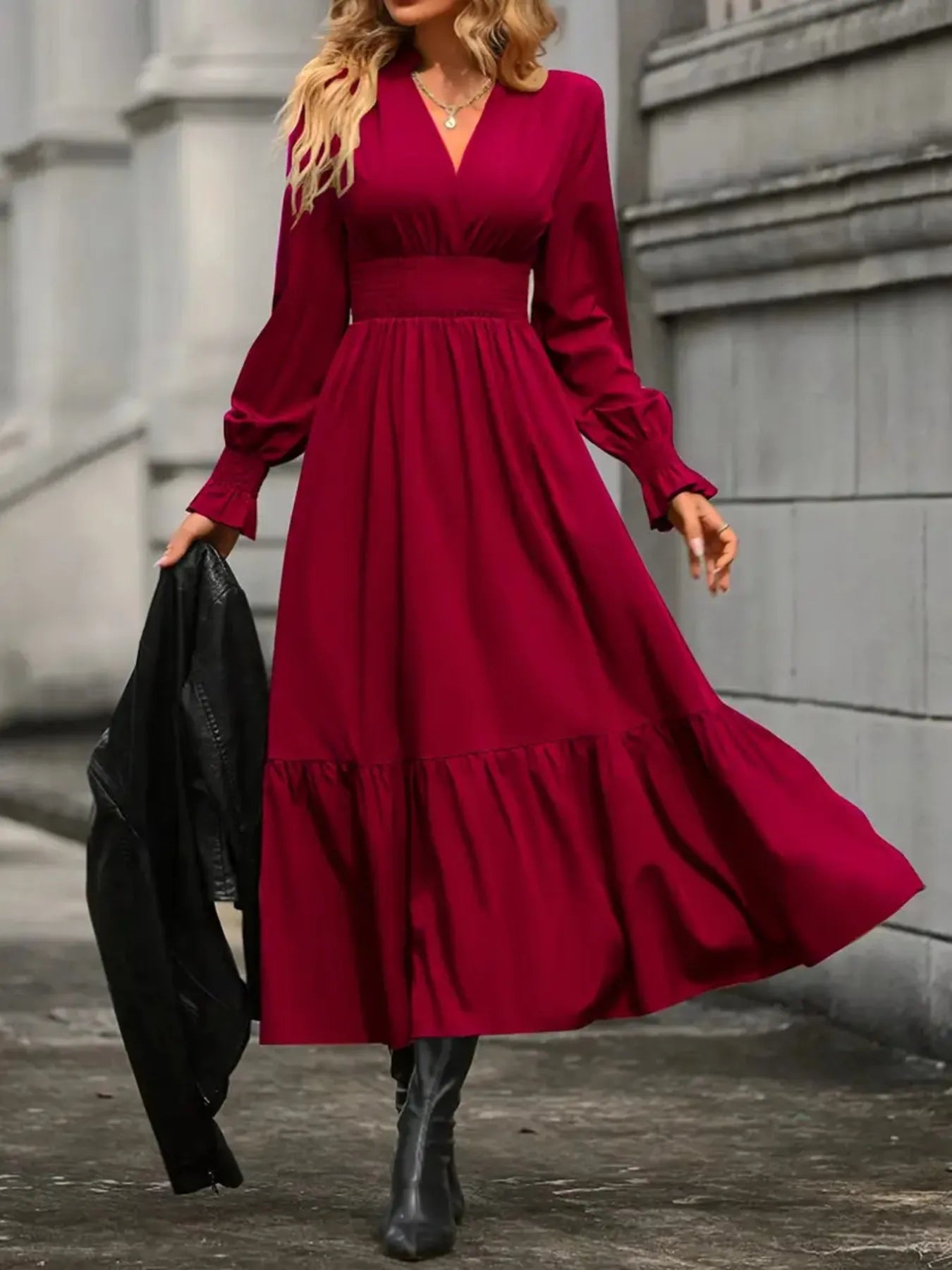 Notched Long Sleeve Tiered Dress - Thalia Chic