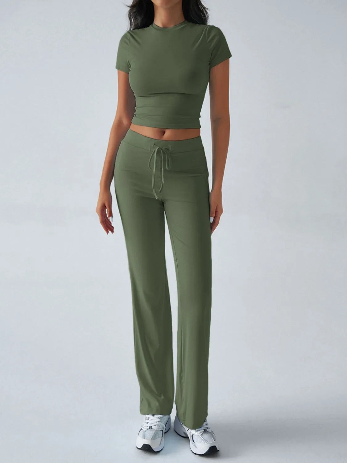 Round Neck Short Sleeve Top and Pants Set - Thalia Chic