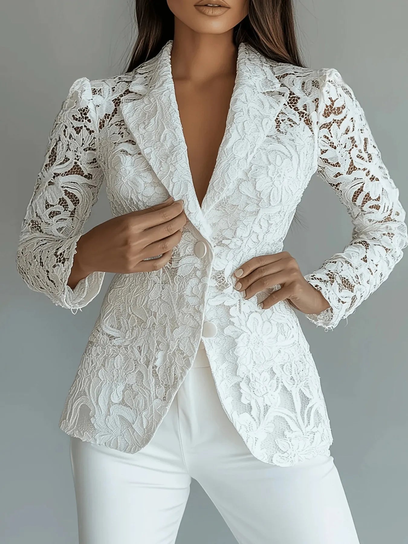 Floral Pattern Lace Single-Breasted Blazer - Thalia Chic