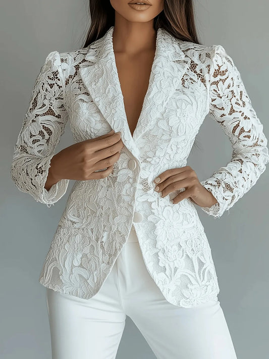 Floral Pattern Lace Single-Breasted Blazer - Thalia Chic