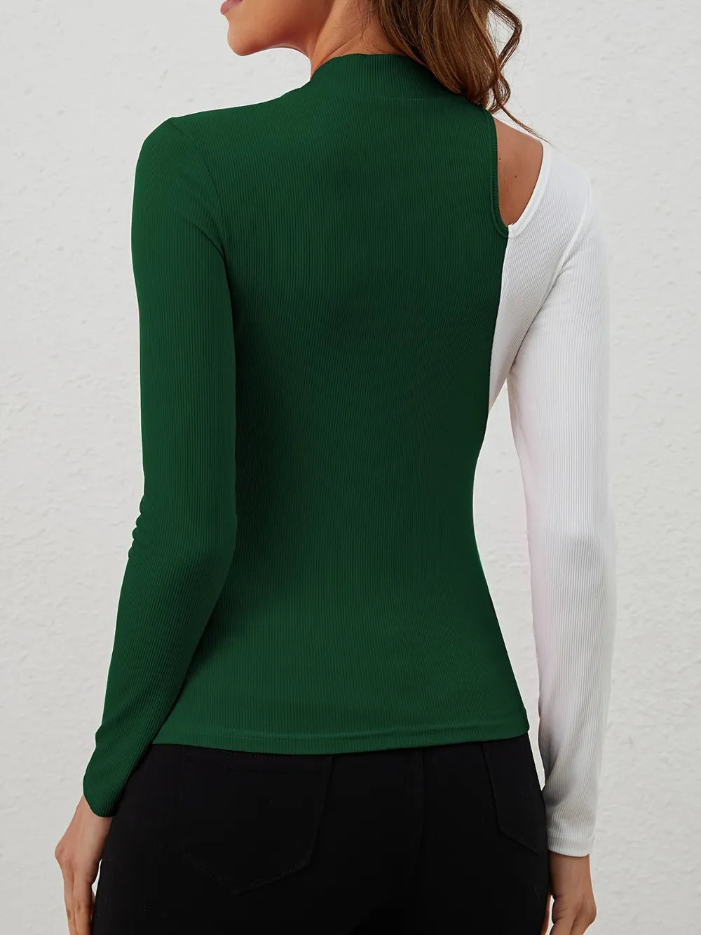 Cutout Contrast Mock Neck Long Sleeve T-Shirt - Thalia Chic