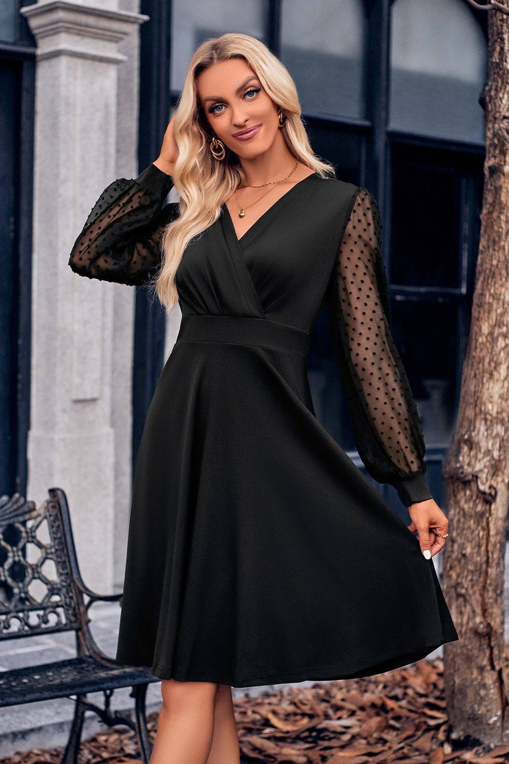 Surplice Neck Swiss Dot Long Sleeve Dress - Thalia Chic