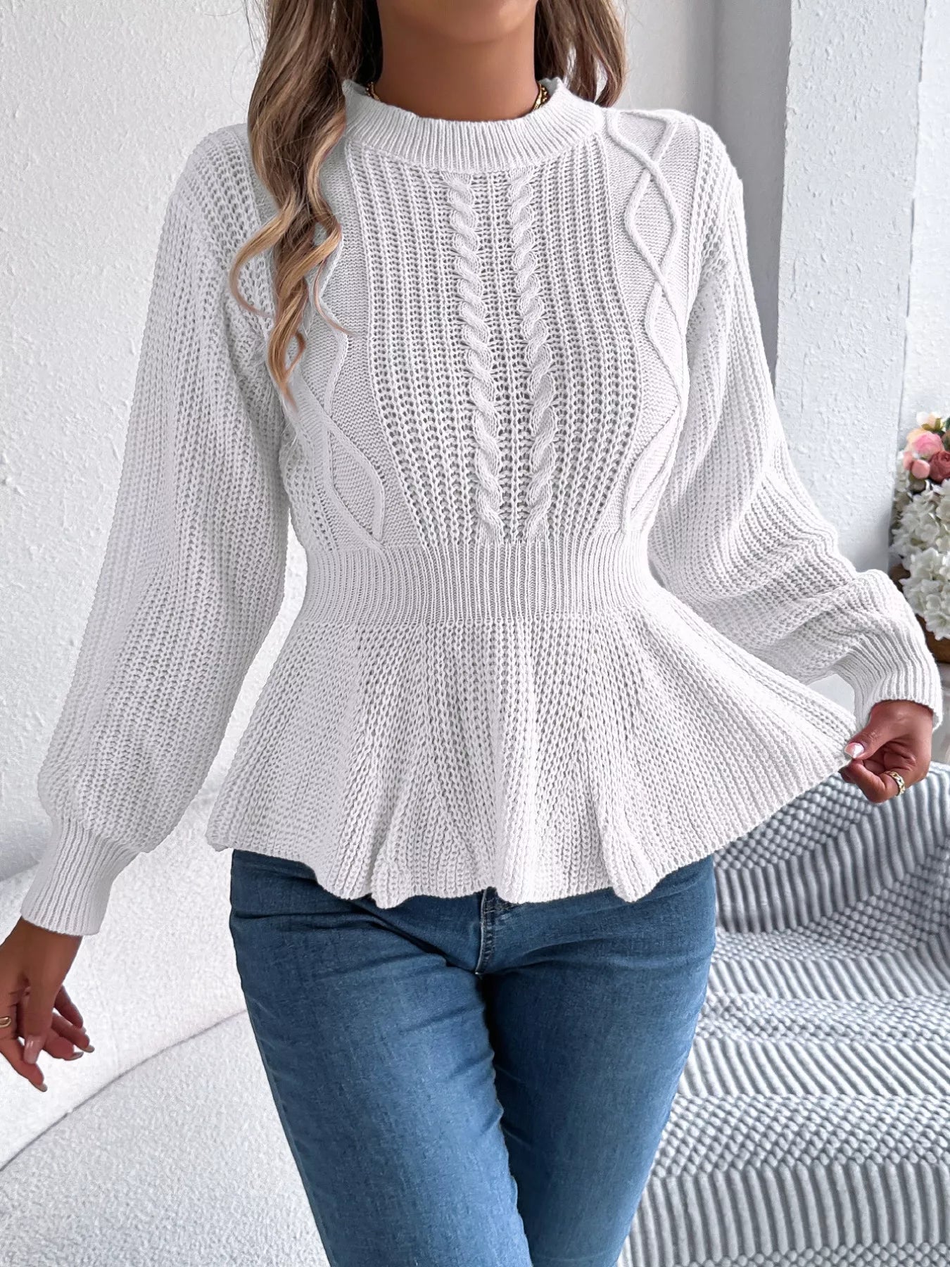 Cable Knit Round Neck Peplum Sweater - Thalia Chic