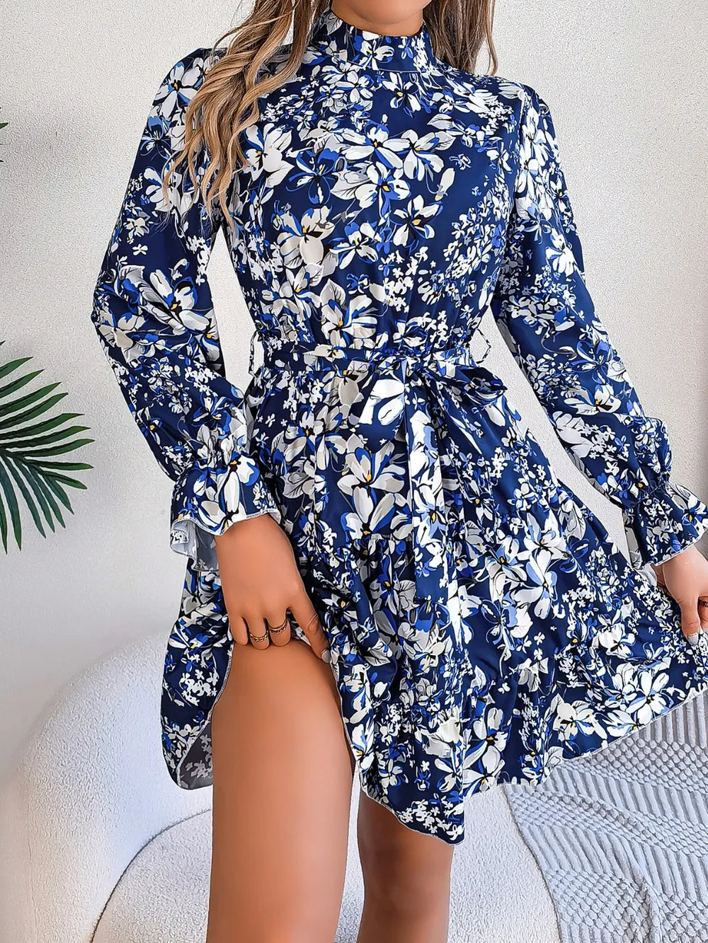 Printed Mock Neck Flounce Sleeve Mini Dress - Thalia Chic