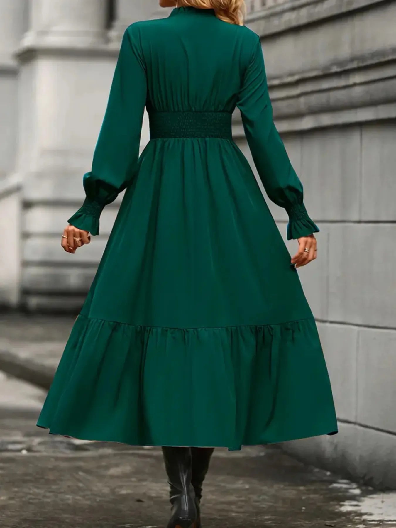 Notched Long Sleeve Tiered Dress - Thalia Chic