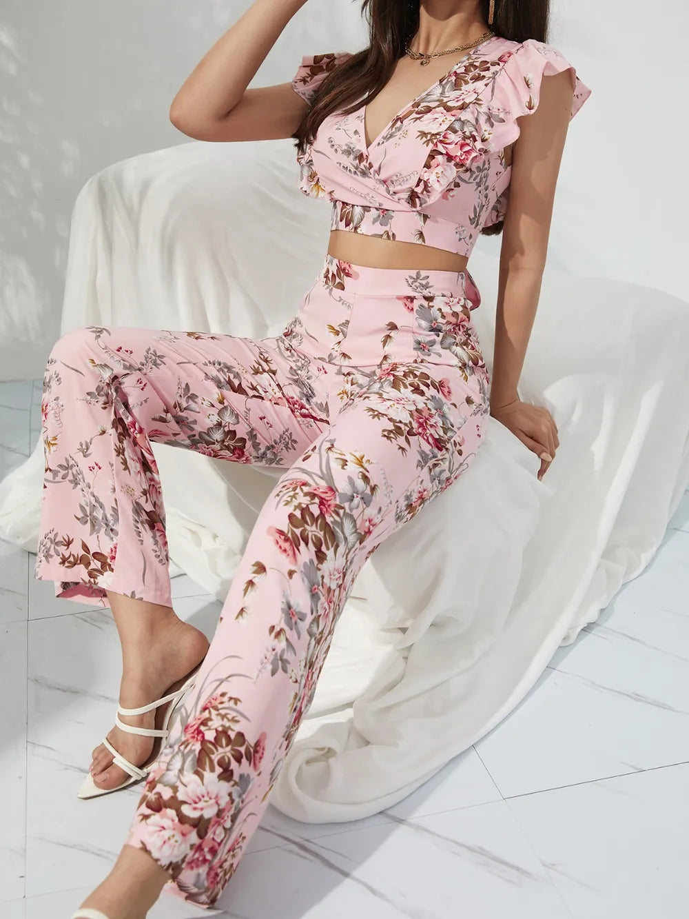 Honey Printed Surplice Cap Sleeve Top and Pants Set - Thalia Chic