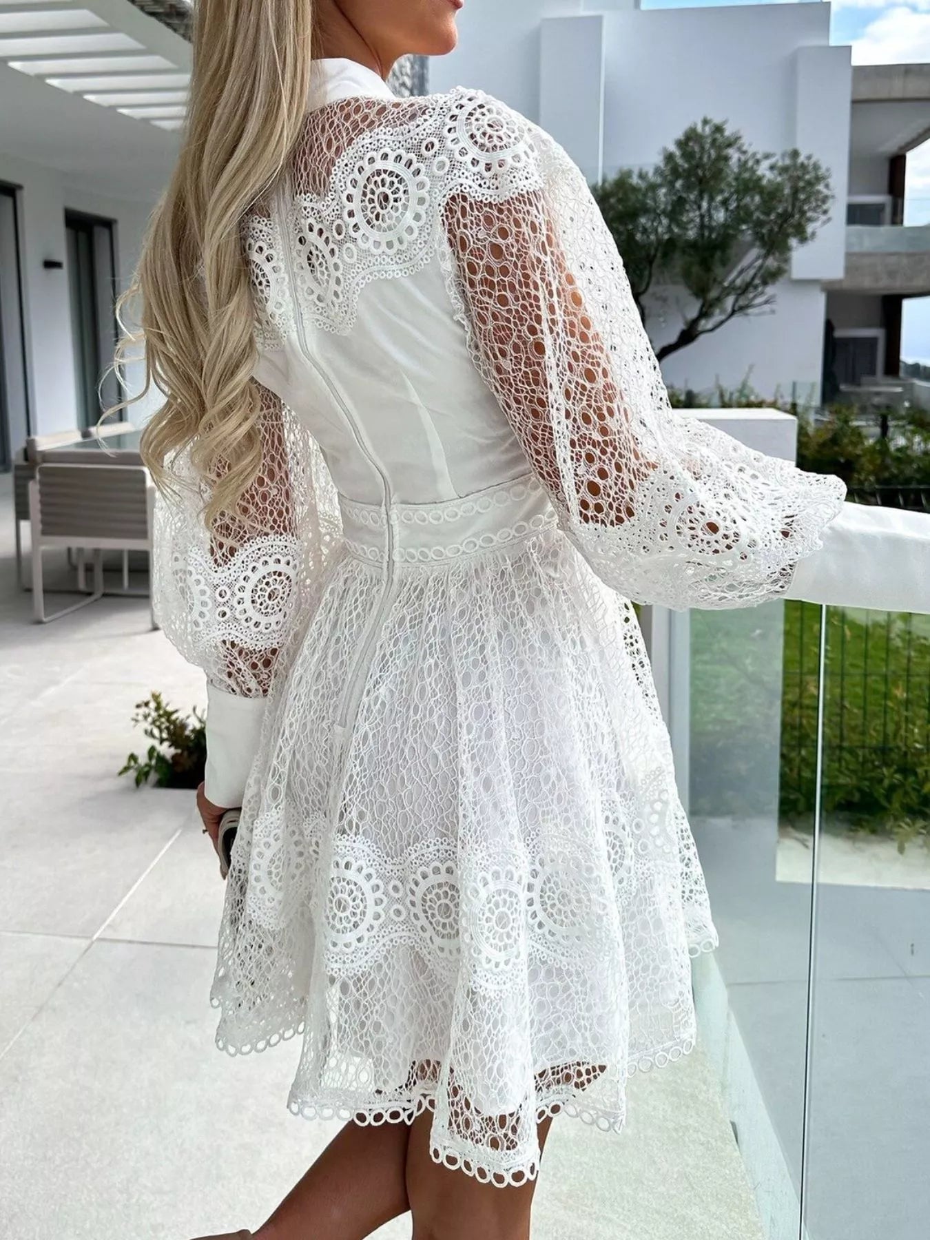 Lace Lantern Sleeve Mini Dress - Thalia Chic