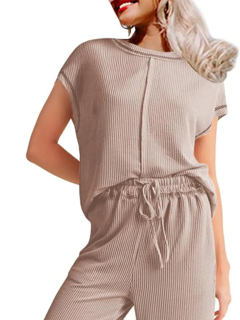 Ribbed Exposed Seam Top and Pants Set - Thalia Chic