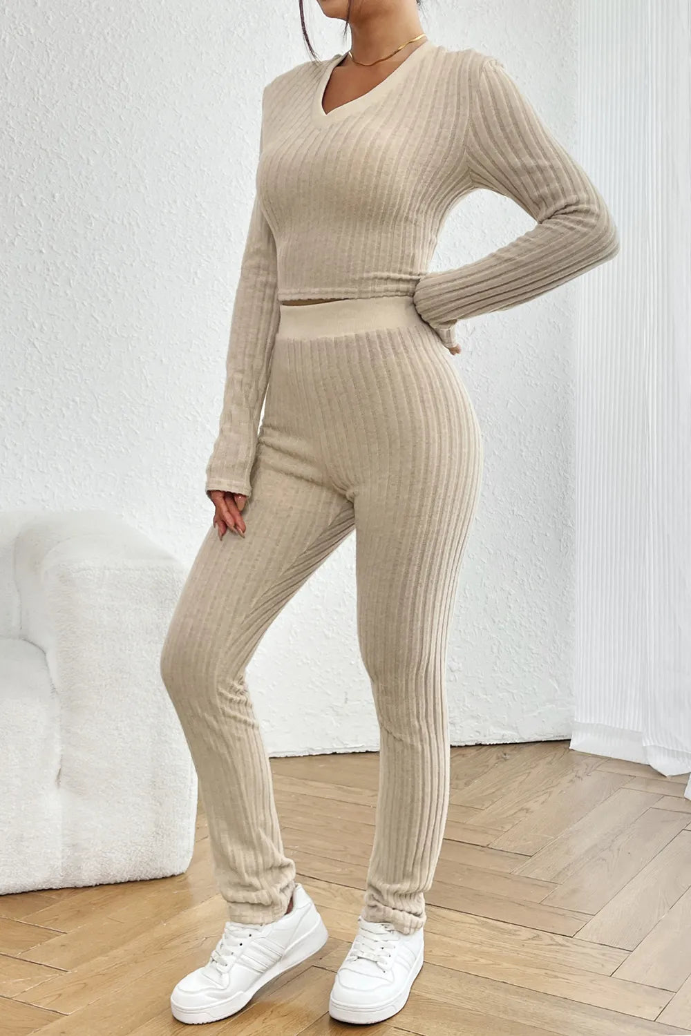 Ribbed V-Neck Long Sleeve Cropped Top and Pants Set - Thalia Chic