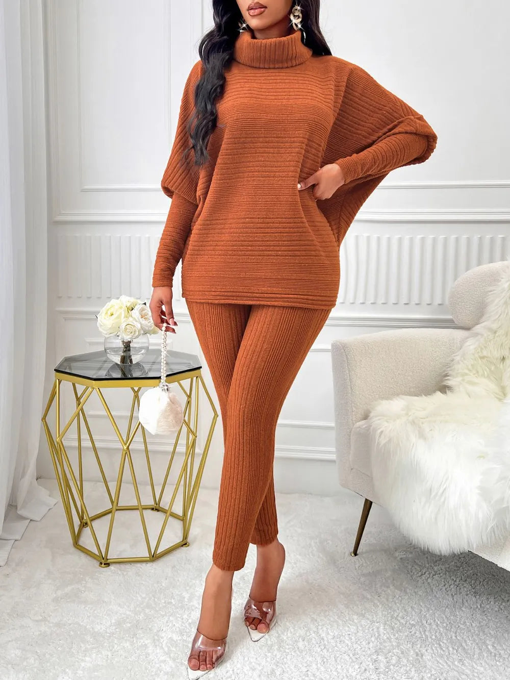 Turtleneck Batwing Sleeve Top and Pants Set - Thalia Chic