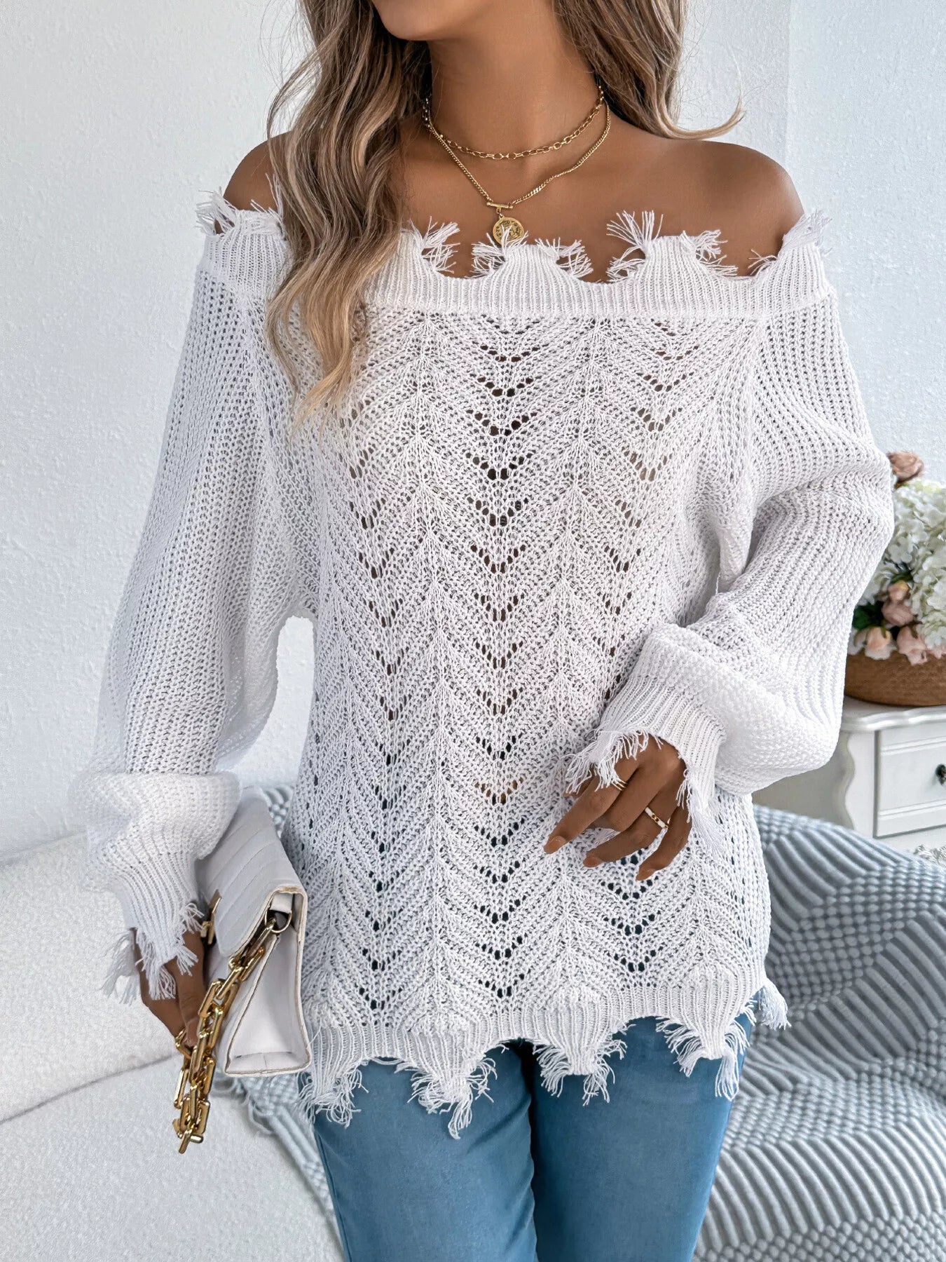 Distressed Hem Openwork Off-Shoulder Sweater - Thalia Chic