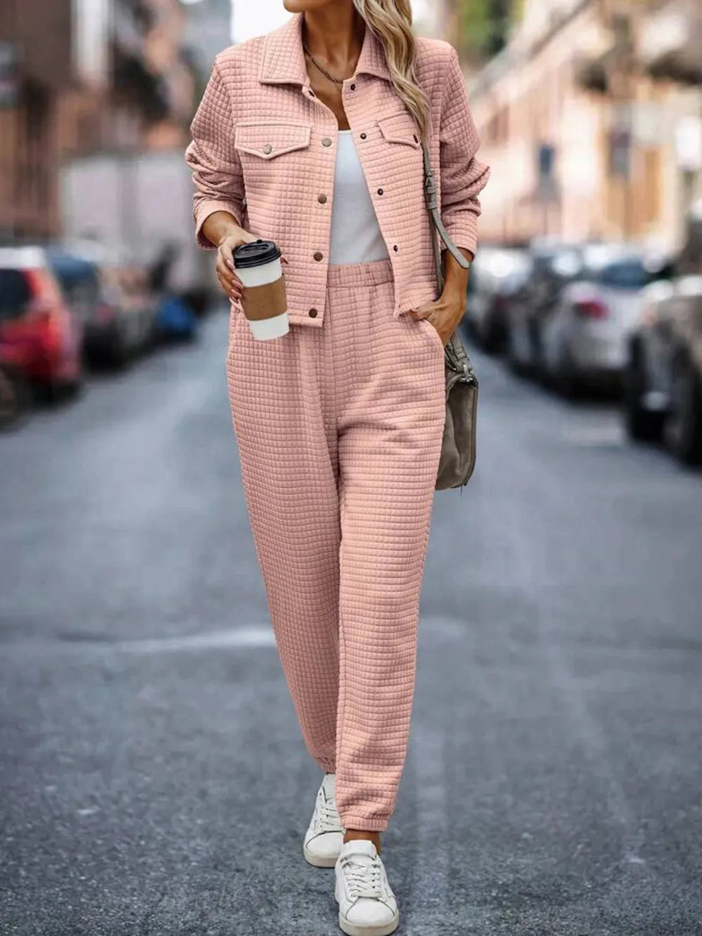 Plaid Texture Snap Down Top and Pants Set - Thalia Chic