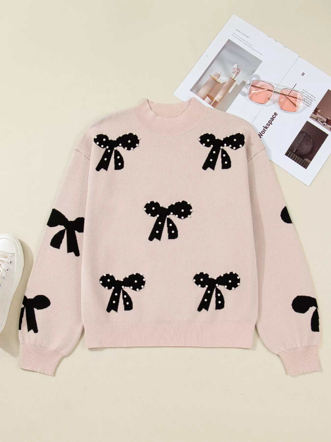 Pearl Embellished Bow Pattern Loose Sweater - Thalia Chic