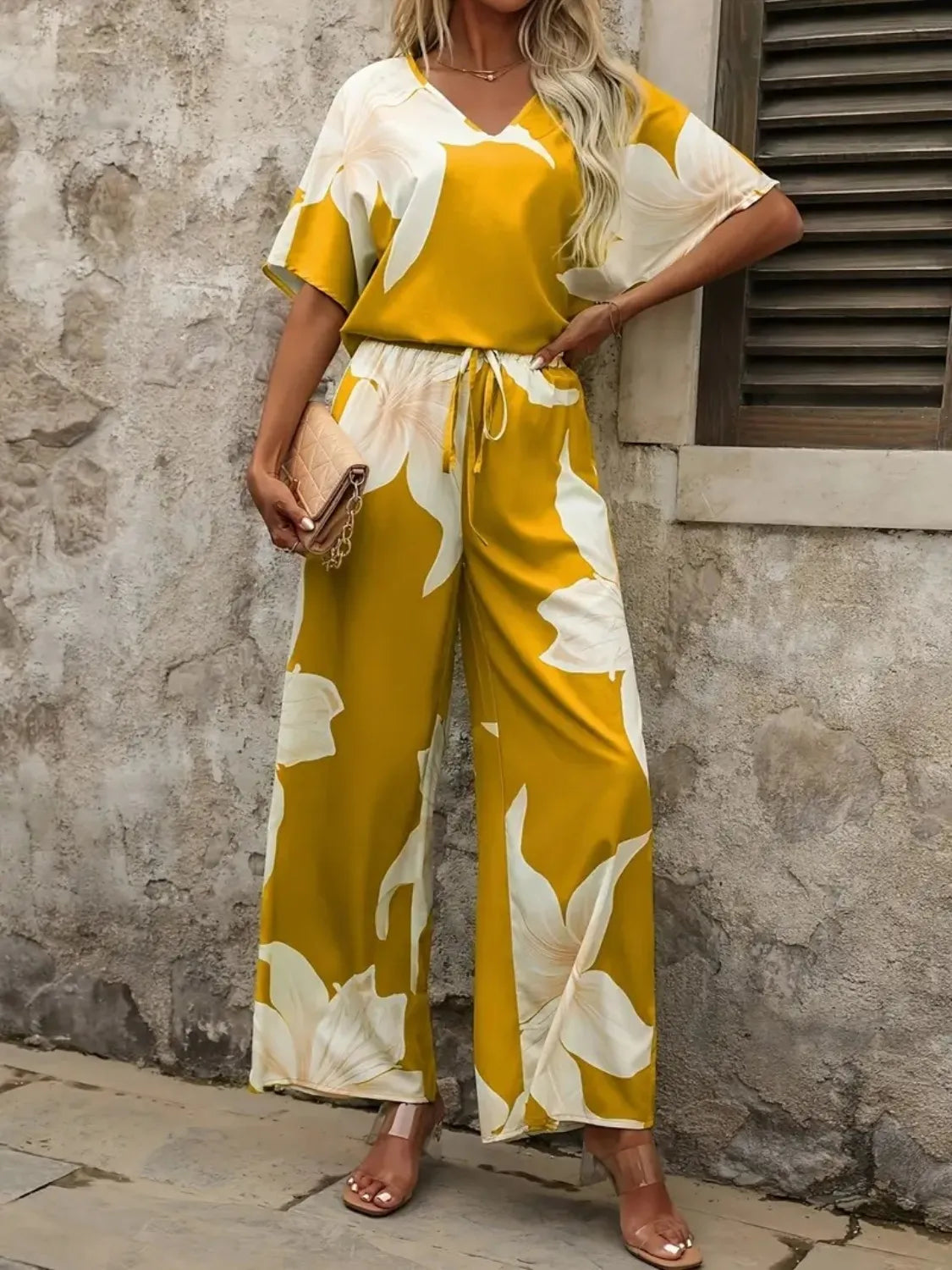 Printed V-Neck Top and Wide Leg Pants Set - Thalia Chic