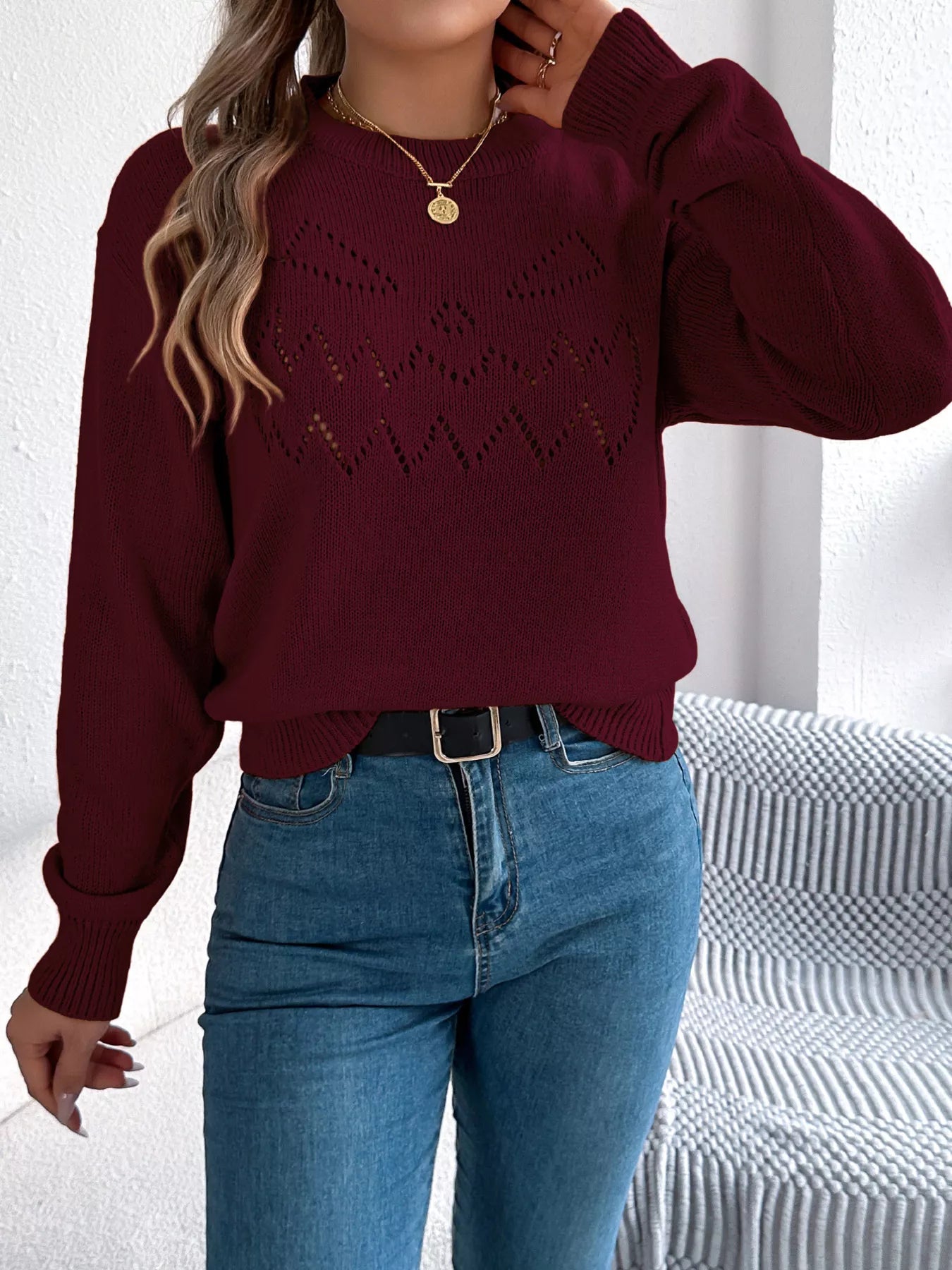 Openwork Round Neck Long Sleeve Sweater - Thalia Chic
