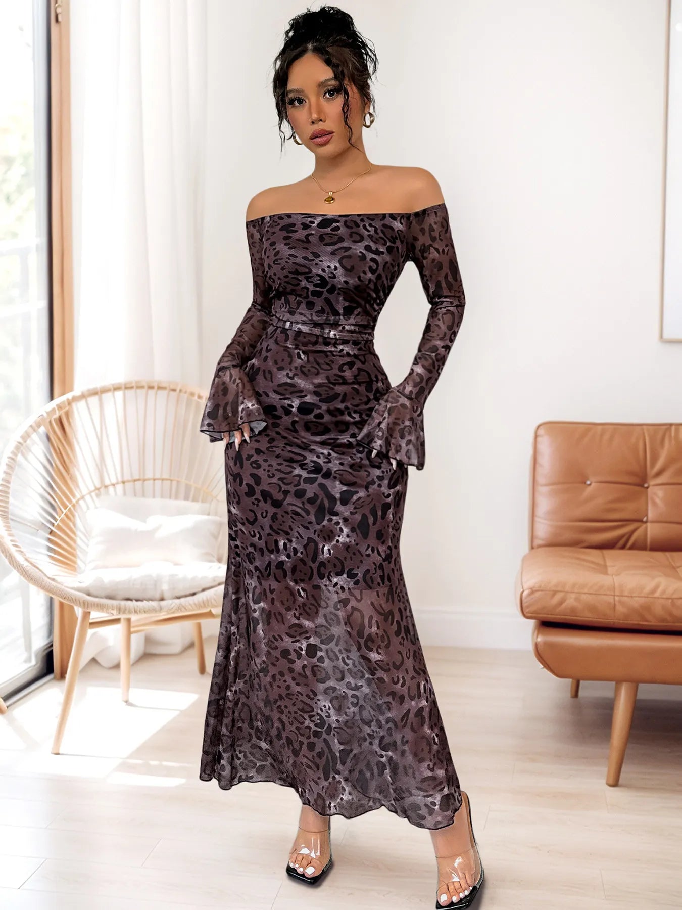 Off-Shoulder Long Sleeve Maxi Dress - Thalia Chic