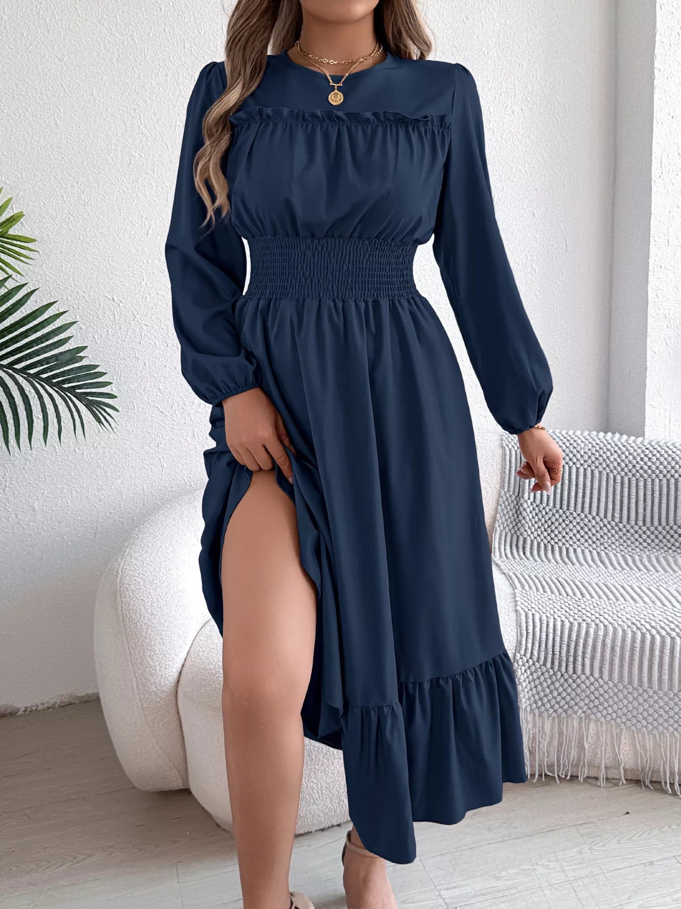 Round Neck Balloon Sleeve Tiered Dress - Thalia Chic