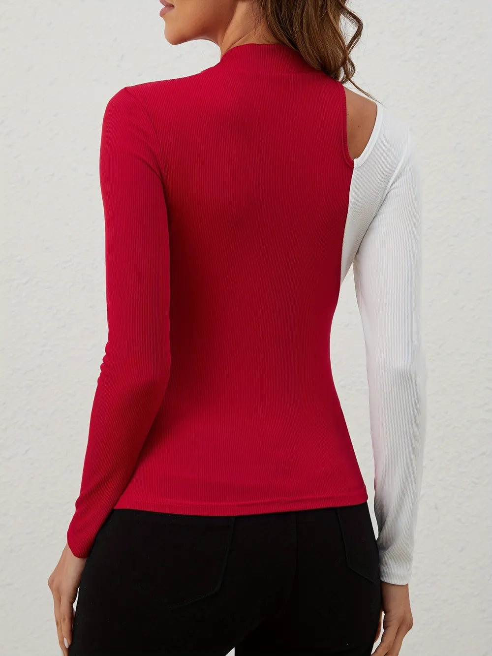 Cutout Contrast Mock Neck Long Sleeve T-Shirt - Thalia Chic
