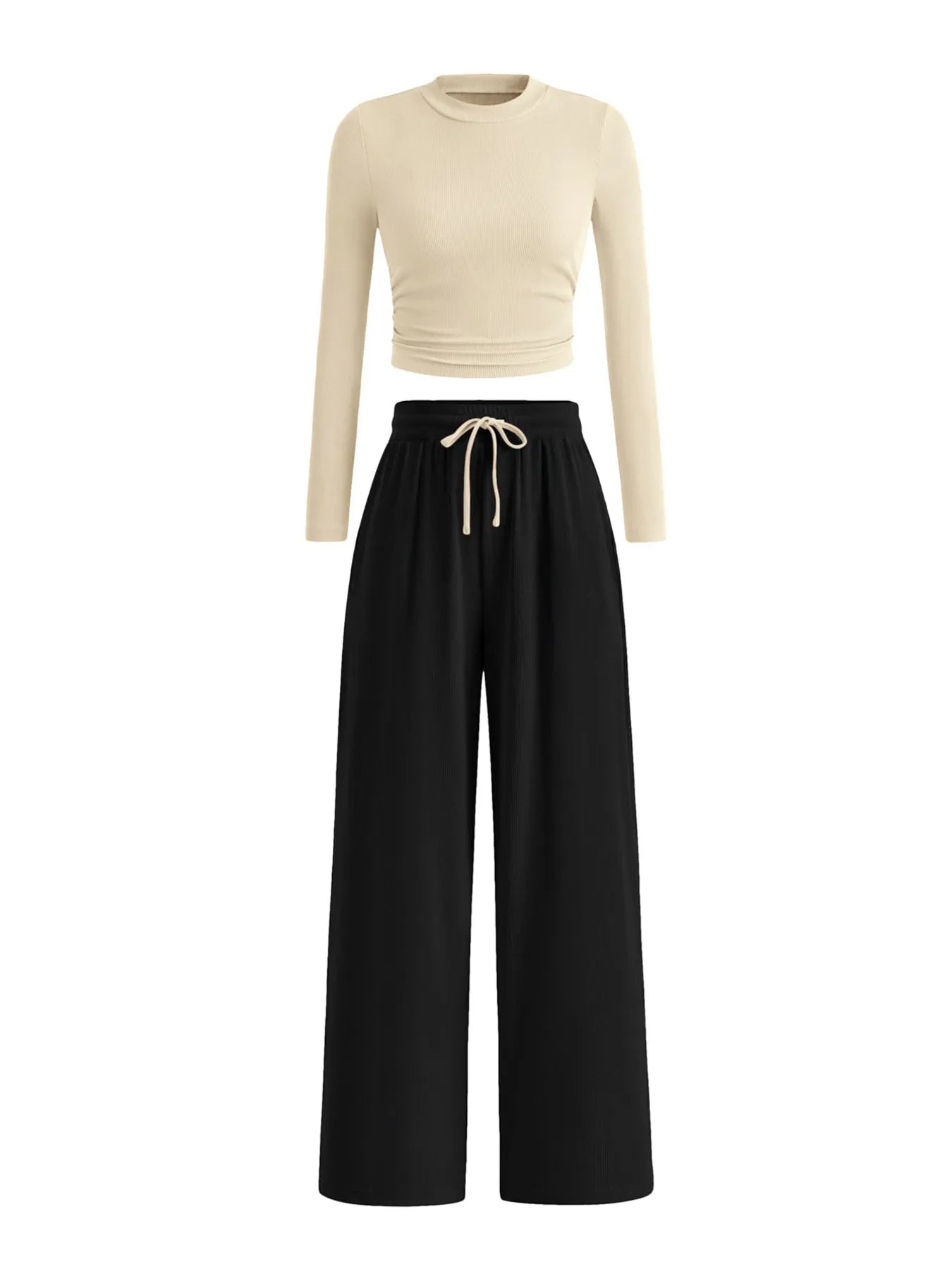 Round Neck Long Sleeve Top and Pants Set - Thalia Chic