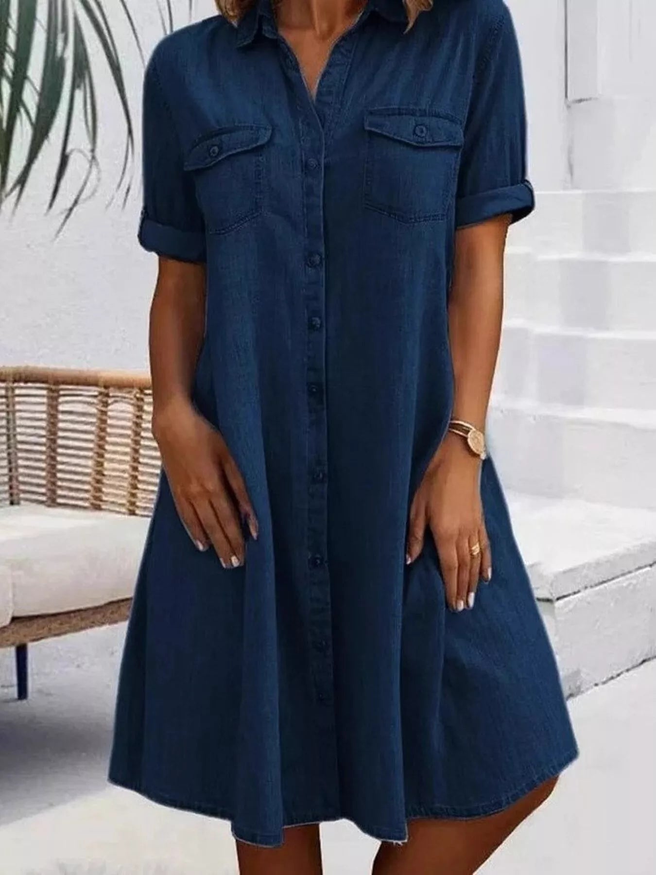 Full Size Button-Front Short Sleeve Denim Dress Plus Size - Thalia Chic