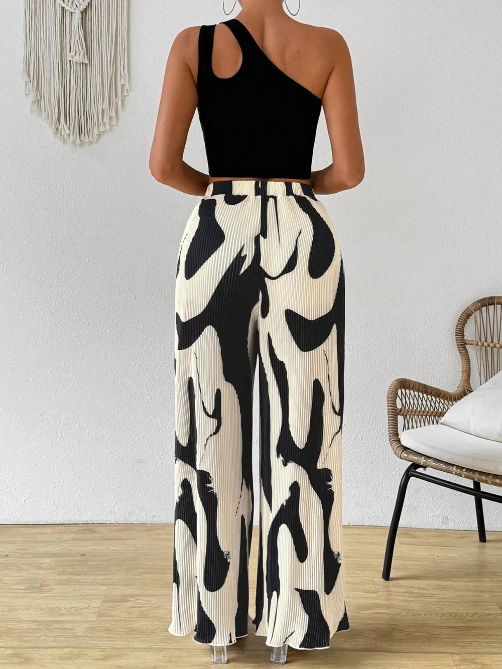 Cutout One Shoulder Top and Printed Pants Set - Thalia Chic