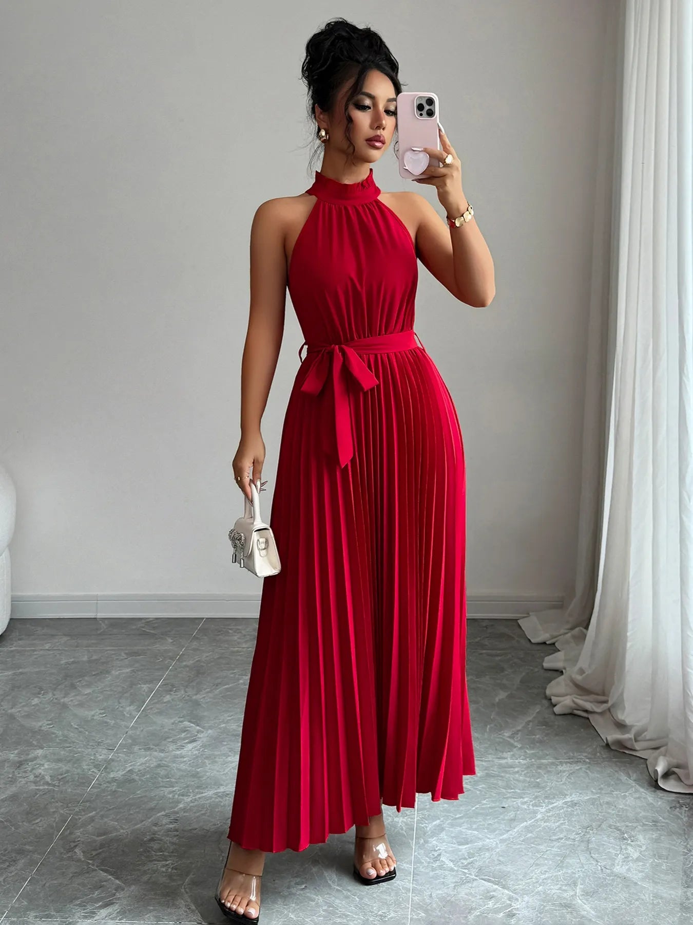 Pleated Halter Neck Tie Waist Maxi Dress - Thalia Chic