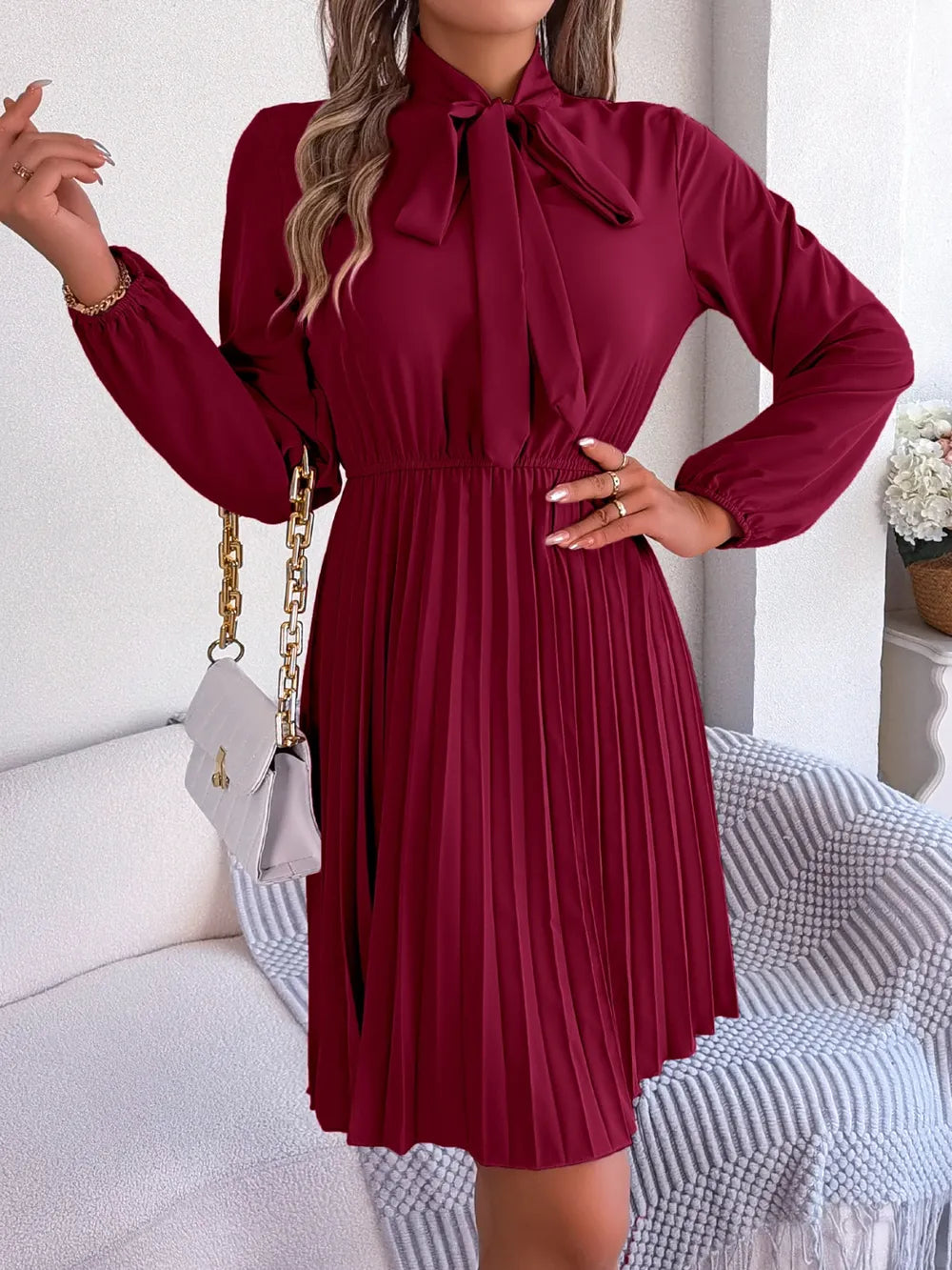 Tie Neck Balloon Sleeve Pleated Dress - Thalia Chic