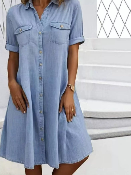 Full Size Button-Front Short Sleeve Denim Dress Plus Size - Thalia Chic